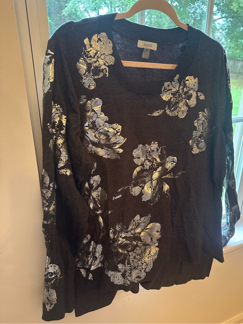 Cupio Black Sweater with Metallic Silver Floral Detail